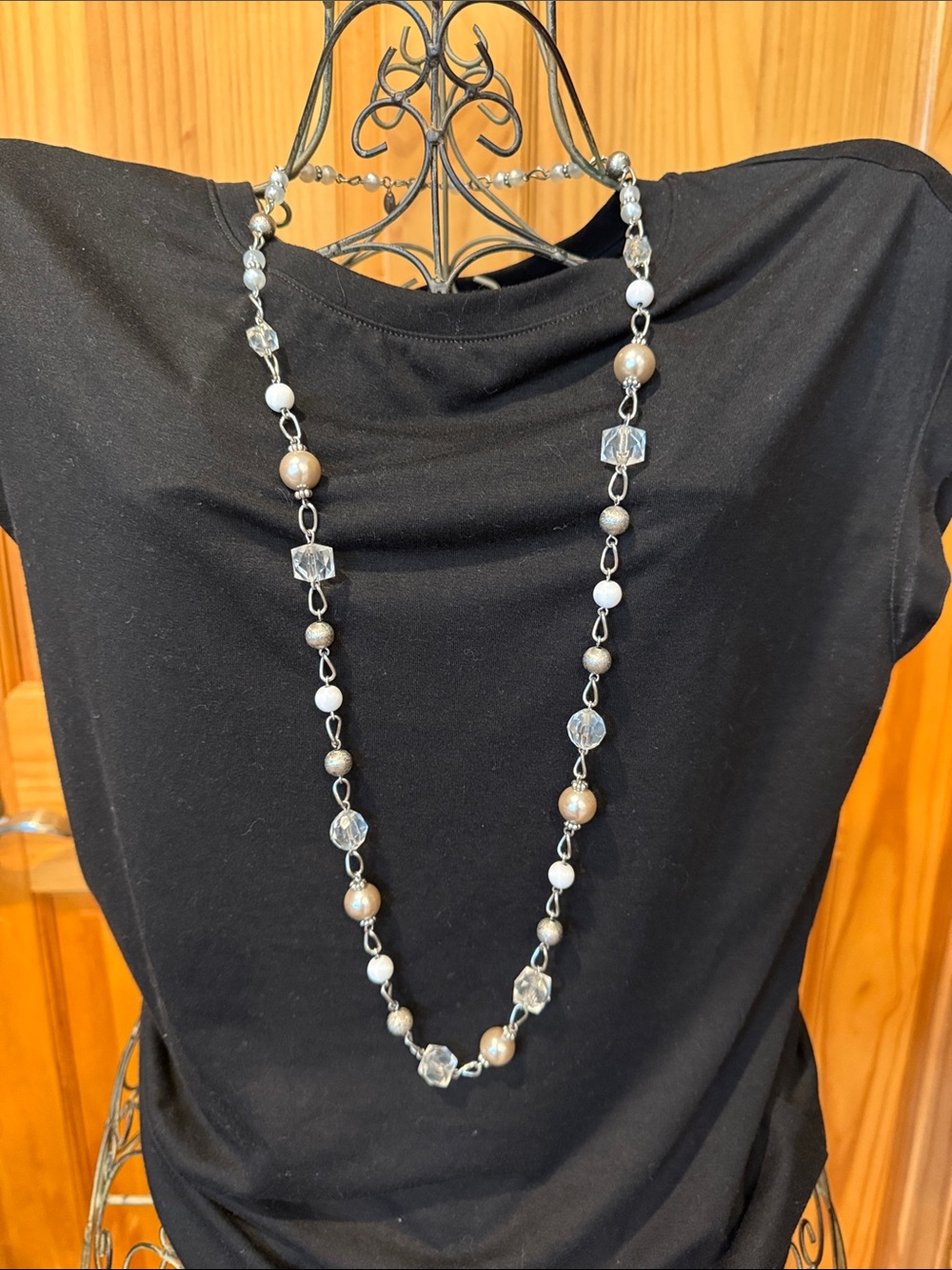 Lia Sophia Long Pearl-Look and Clear Bead Necklace - Beige & Clear